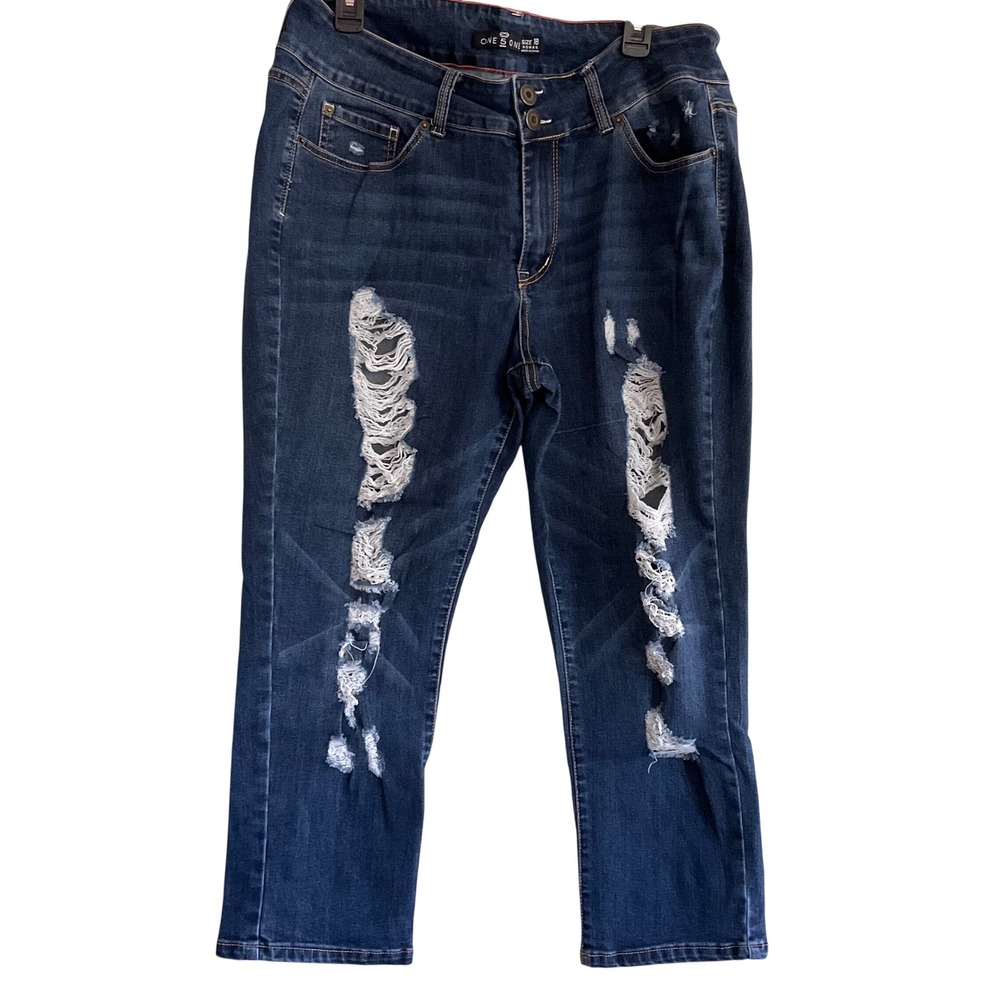 One 5 One Distressed Dark Wash Cropped Jeans Sz 18 Stretch Shredded Ripped Capri